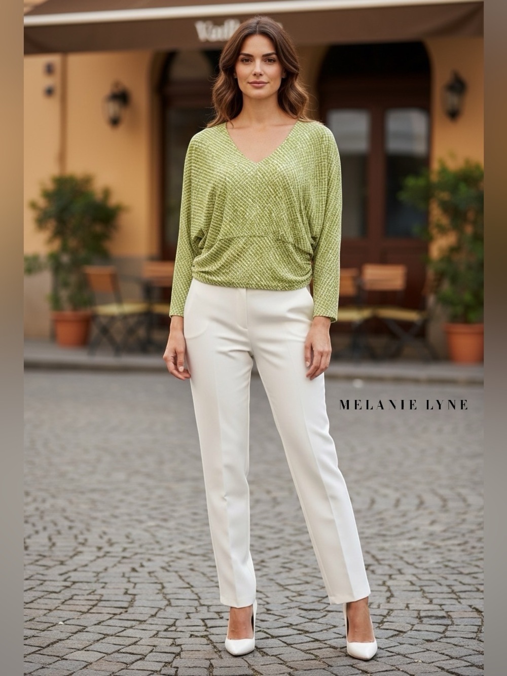 NEW, Melanie Lyne, XL, Green & White, Geometric Dolman Sleeve Blouse Stretch